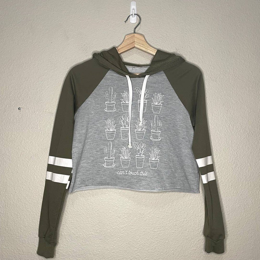 Hoodie‎ Gray Green Graphic Print Cropped Pullover Warm Casual Versatile Sz Small